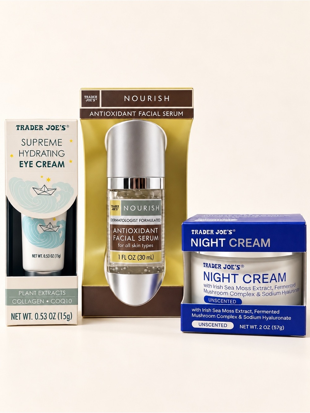 NEW • Trader Joe's Nighttime Skincare Trio • Antioxidant Serum + Eye Cream